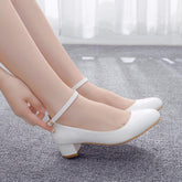 Crystal Queen White Women's Shoes Sexy Bride Party 3CM Pointed Toe Pumps  Round Head Shallow Mouth Buckle Thick High Heels